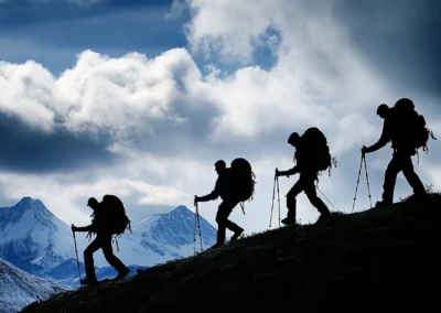Photograph of four people hiking in Altaï